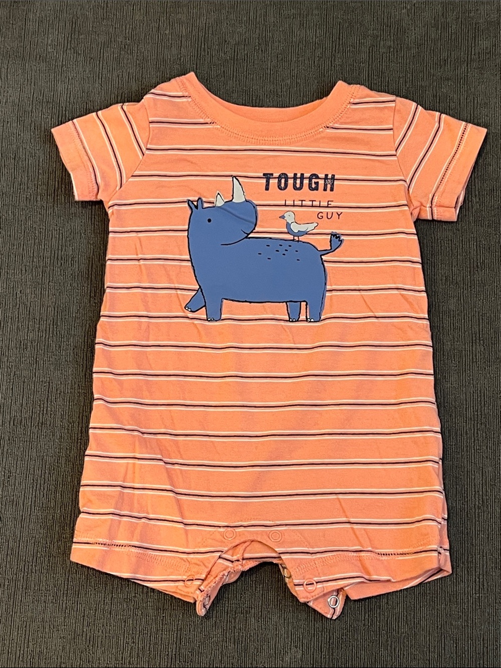 Carters Boy 12M Coral Striped Baby Romper with Blue Rhino